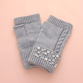 Pearl Stone Embellished Knit Fingerless Gloves