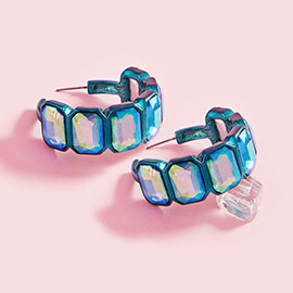 Emerald Cut Stone Cluster Hoop Earrings