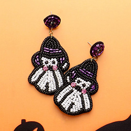 Felt Back Seed Beaded Witch Hat Ghost Dangle Earrings