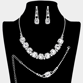 3PCS - Emerald Cut Stone Accented Rhinestone Necklace Jewelry Set