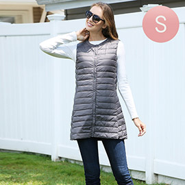 Solid Light Long Puffer Front Pockets Button Vest