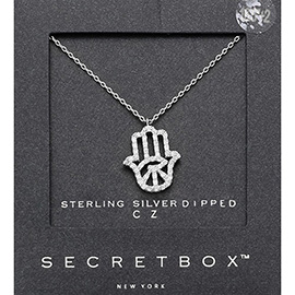 SECRET BOX_ Sterling Silver Dipped CZ Hamsa Hand Evil Eye Pendant Necklace