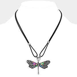 Abalone Embossed Antique Metal Dragonfly Pendant Necklace