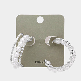 Pearl Detailed Brass Metal Split Hoop Earrings