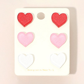 3Pairs - Glittered Resin Heart Stud Earrings