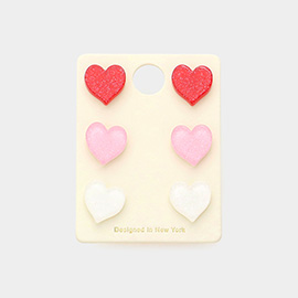 3Pairs - Glittered Resin Heart Stud Earrings