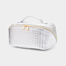 Woven Detailed Solid Tote Bag / Travel Cosmetic Bag