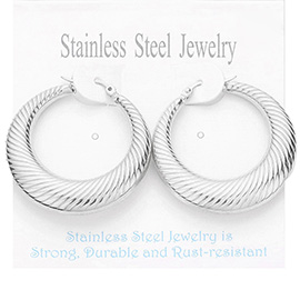 Stainless Steel 1.5 Inch Textured Metal Hoop Pin Catch Earrings