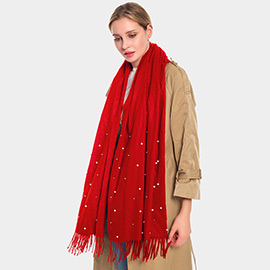 Pearl Embellished Solid Fringe Oblong Scarf