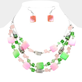 Marbled Square Bead Accented Triple Layered Bib Necklace