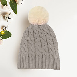 Cable Knit Faux Fur Pom Pom Beanie Hat