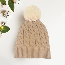 Cable Knit Faux Fur Pom Pom Beanie Hat