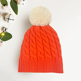 Cable Knit Faux Fur Pom Pom Beanie Hat