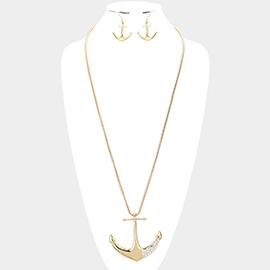 Rhinestone Embellished Metal Anchor Pendant Long Necklace