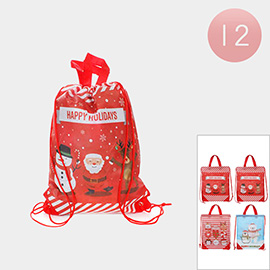 12PCS - Happy Holidays Message Santa Claus Rudolph Snowman Penguin Polar Bear Printed Drawstring Backpack Bags