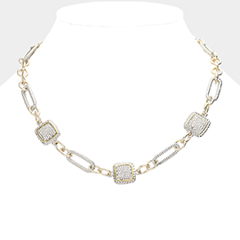Rhinestone Embellished Triple Square Accented Link Toggle Necklace