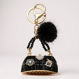Heart Pointed Tweed Tote Bag Pom Pom Keychain / Bag Charm