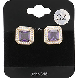 CZ Square Accented Octagon Stud Evening Earrings