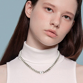 Stainless Steel CZ Round Stone Accented Necklace