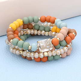 5PCS - Emerald Cut Stone Accented Wood Ball Faceted Beaded Stretch Bracelets