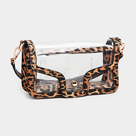 Leopard Patterned Faux Leather Transparent Rectangle Shoulder Bag