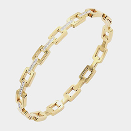 Rhinestone Embellished Open Rectangle Link Stainless Steel Bangle Evening Bracelet