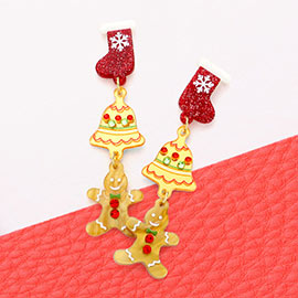 Celluloid Acetate Christmas Socks Tree Gingerman Dangle Earrings