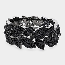 Stone Paved Leaf Linked Stretch Evening Bracelet