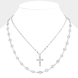 2PCS - Stone Paved Cross Pendant Clear Bezel Link Necklace