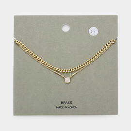 Stone Paved Square Pendant Double Layered Necklace