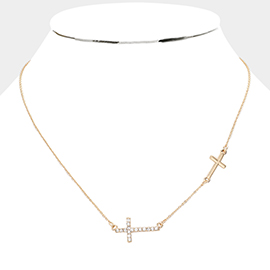 Stone Paved Cross Pendant Sideway Necklace