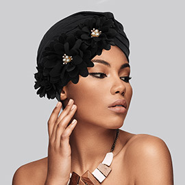 Flower Pearl Accented Turban Hat