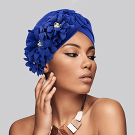 Flower Pearl Accented Turban Hat