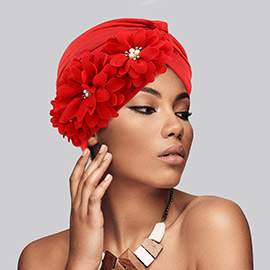 Flower Pearl Accented Turban Hat