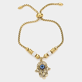 Stone Paved Evil Eye Pendant Adjustable Pull Tie Bracelet