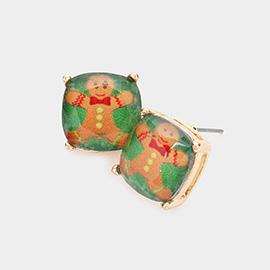 Christmas Gingerbread Man Cushion Square Stud Earrings