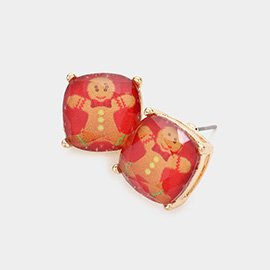 Christmas Gingerbread Man Cushion Square Stud Earrings