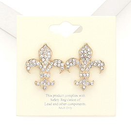 Crystal Stone Paved Fleur de Lis Stud Earrings