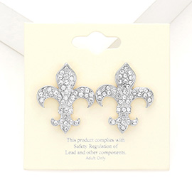 Crystal Stone Paved Fleur de Lis Stud Earrings