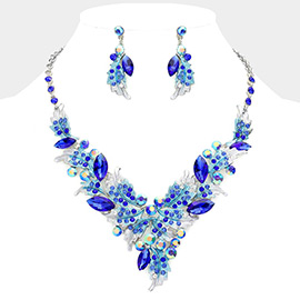 Marquise Stone Cluster Rhinestone Paved Leaf Embellished Evening Necklace