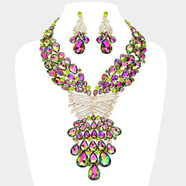 Teardrop Round Stone Embellished Statement Evening Necklace