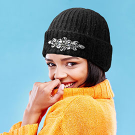 Fleece Lining Teardrop Crystal Stone Embellished Beanie Hat