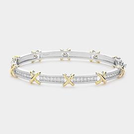 CZ Stone Paved Two Tone Crisscross Bangle Bracelet