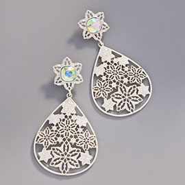 Square Stone Accented Metal Teardrop Snowflake	Filigree Dangle Earrings