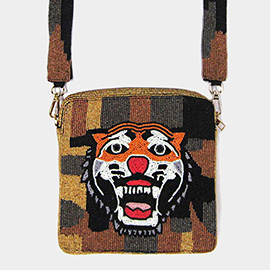 Seed Beaded Tiger Print Square Crossbody Bag