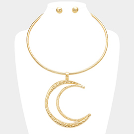 Textured Metal Open Crescent Pendant Necklace