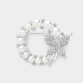 Stone Paved Butterfly Pearl Open Circle Pin Brooch