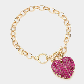 Stone Paved Heart Pendant Metal Toggle Bracelet