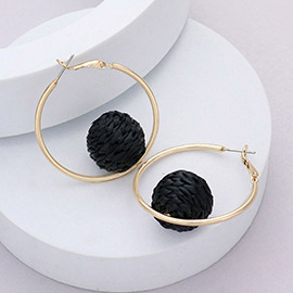 Raffia Wrapped Ball Pointed Metal Hoop Earrings