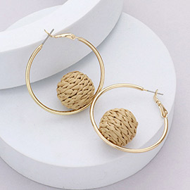 Raffia Wrapped Ball Pointed Metal Hoop Earrings